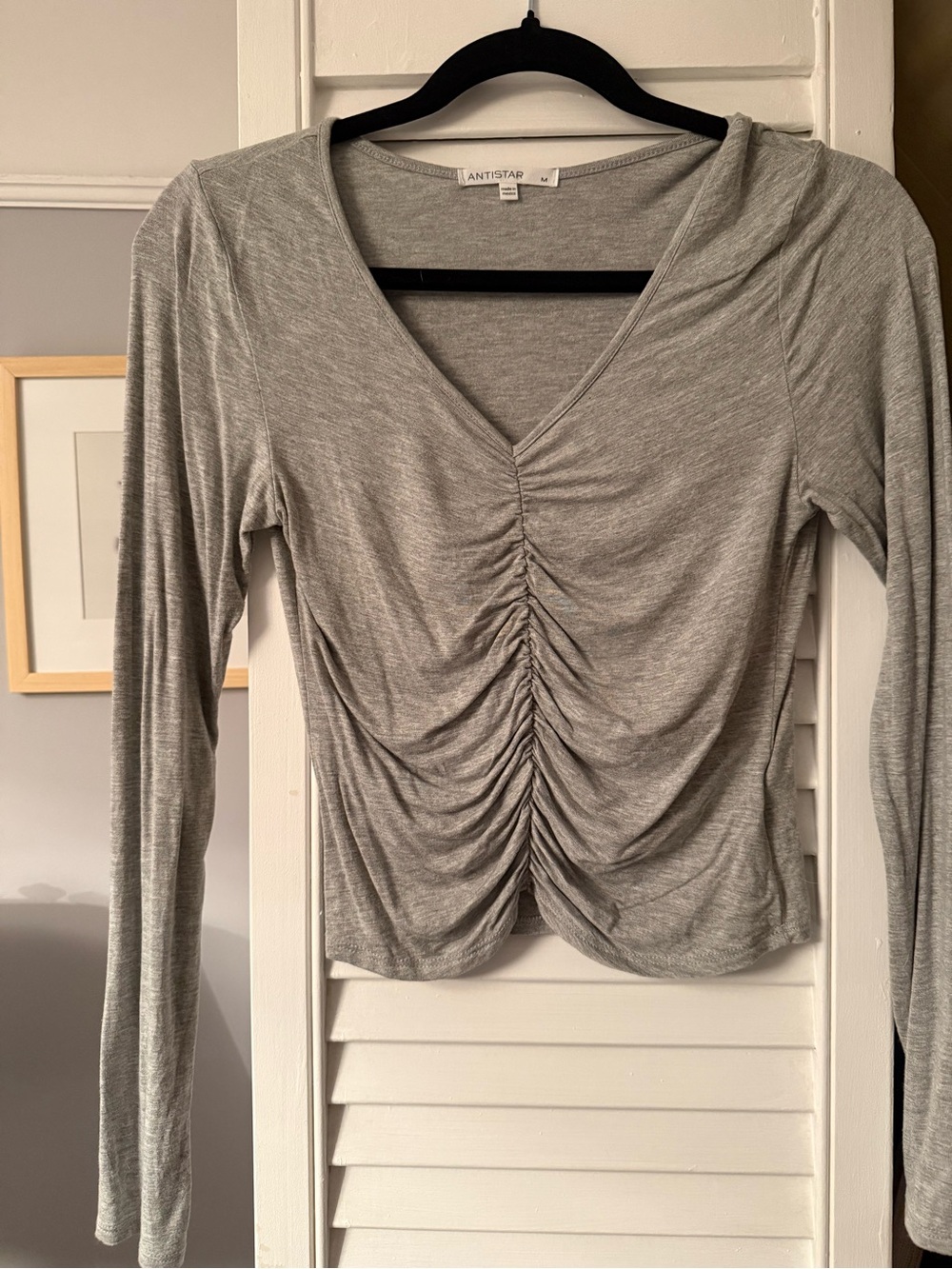 Antistar Gray Ruched V-Neck Long Sleeve Top